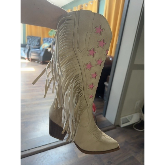 Southern Grace Shoes - Southern Grace Fringed Star Cowgirl Boots in Cream